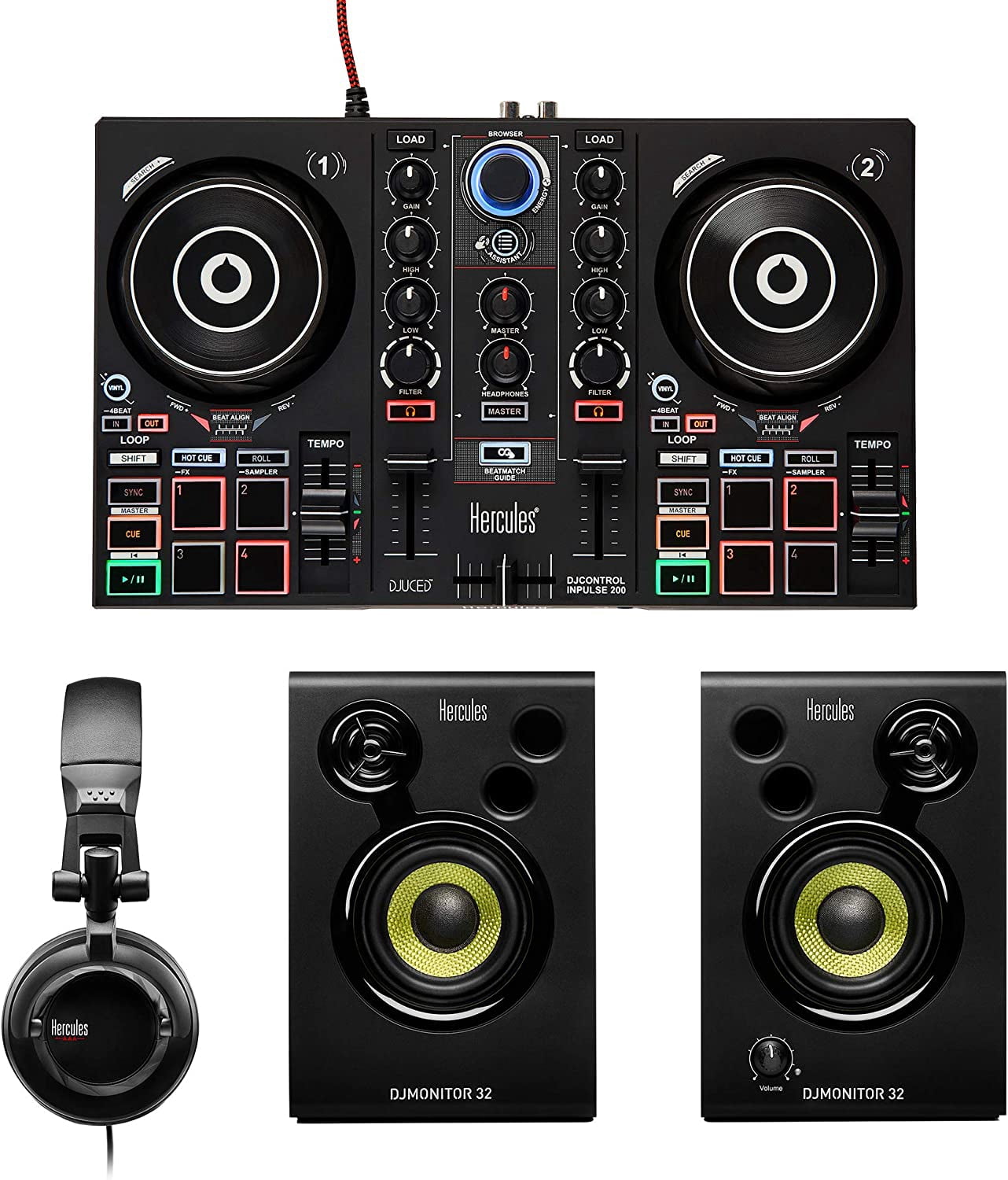 Hercules DJ Learning Kit: DJControl InPulse 200 Controller, 15W Monitor Speakers, Sound-Isolating Headphones – Perfect for Aspiring DJs - 2 Decks Included High-quality Components for Great Experience