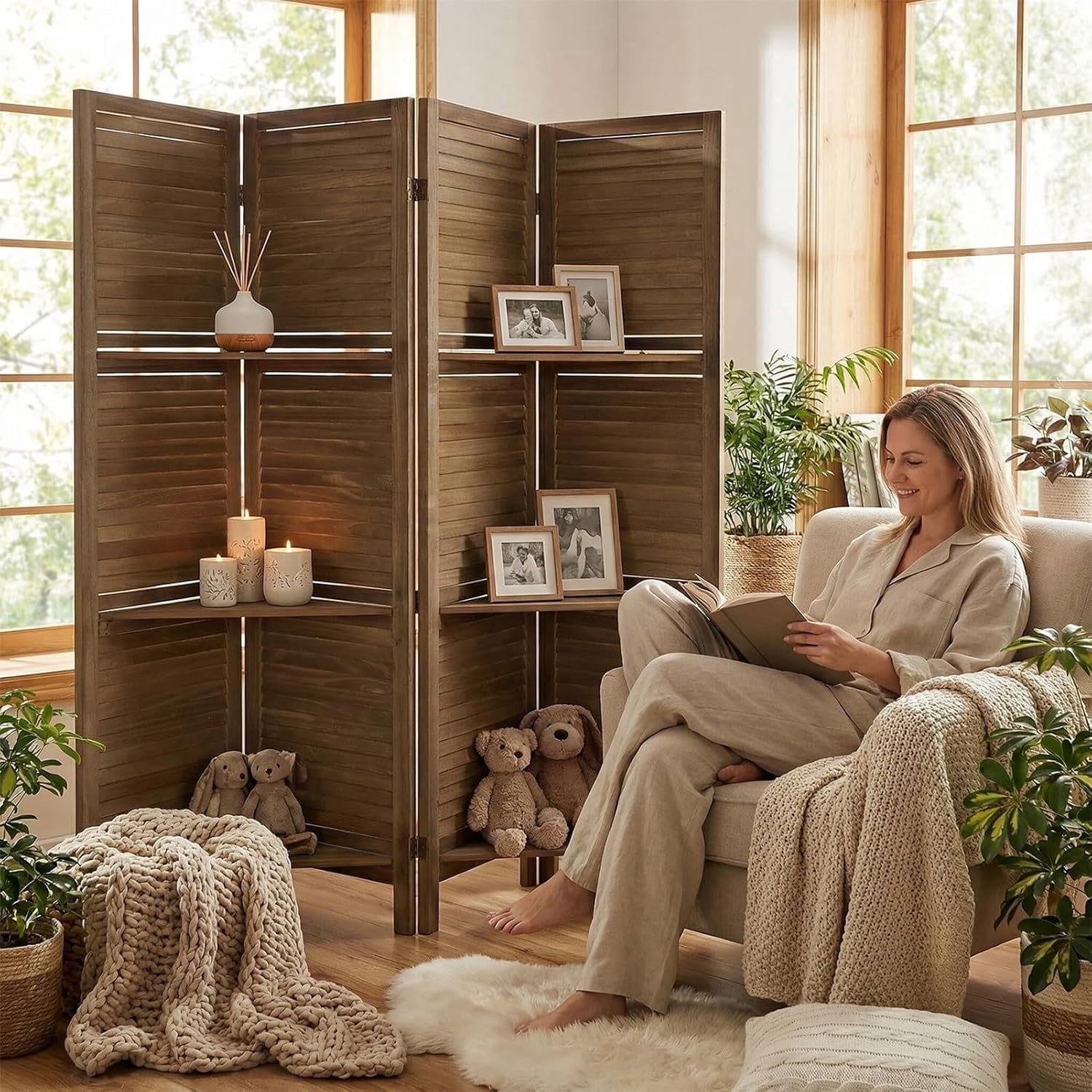 4 Panel Bamboo Room Divider with Shelves, Lightweight Privacy Screen for Bedroom Home Office, No Assembly Required