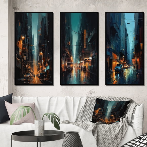 Designart "Perspectives On Urban Life Black And Blue III" City Art Deco Framed Wall Art Set Of 3 - Black City Art Deco Frame Canvas Set For Living Room Decor