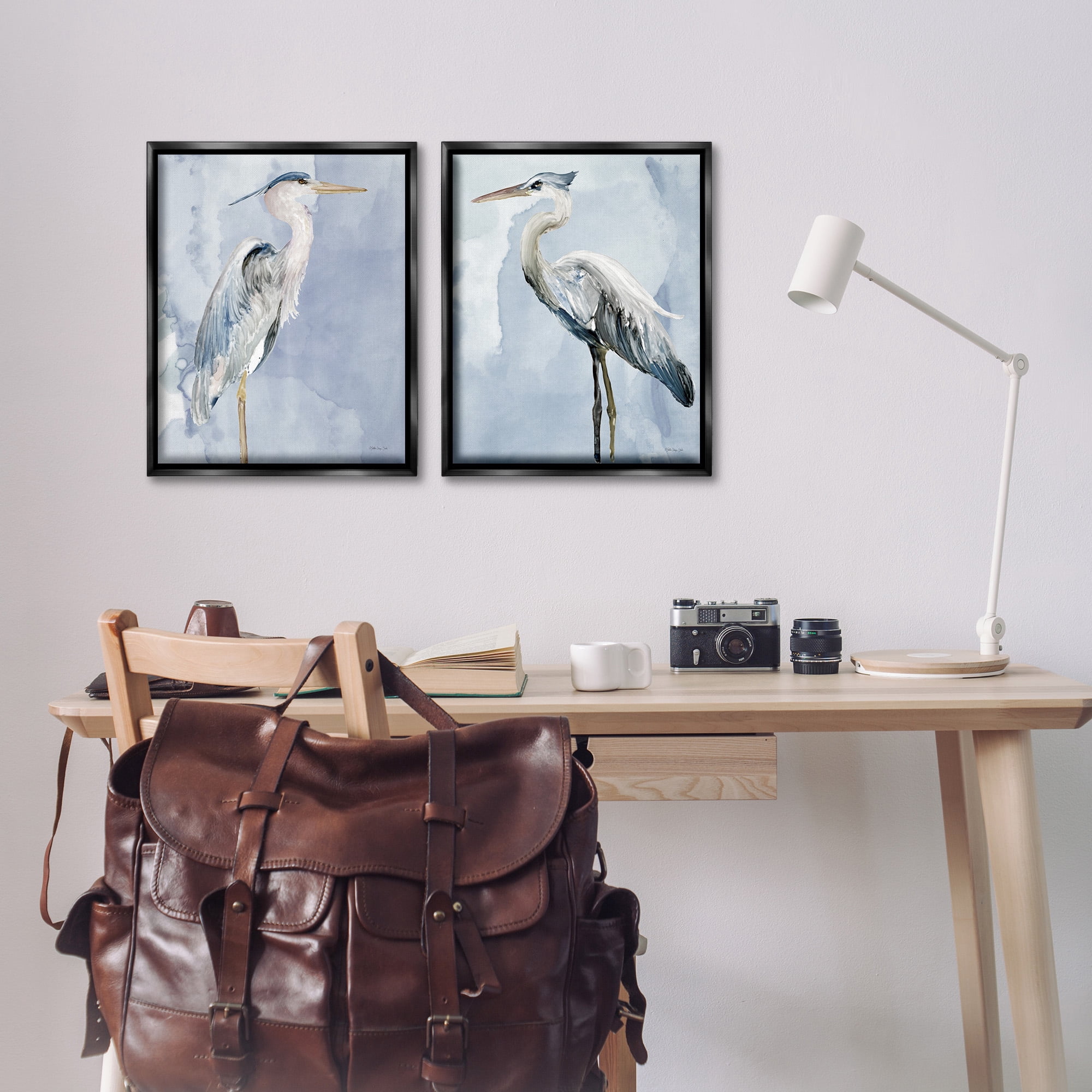 Stupell Industries Heron Birds Standing Blue Sky Animals & Insects Painting Black Floater Framed Canvas Art Print Wall Art, 17 x 21, Set of 2