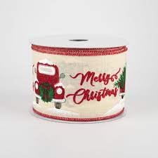 Merry Christmas with Truck Wired Ribbon: DIY Bow Ribbon, Cream 2.5" x 10 Yards, Rustic Red Farm Truck Ribbon RGA190538
