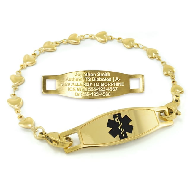 MedicEngraved Yellow Gold Stainless Steel Custom Medical Alert Bracelet - 5mm Heart Link