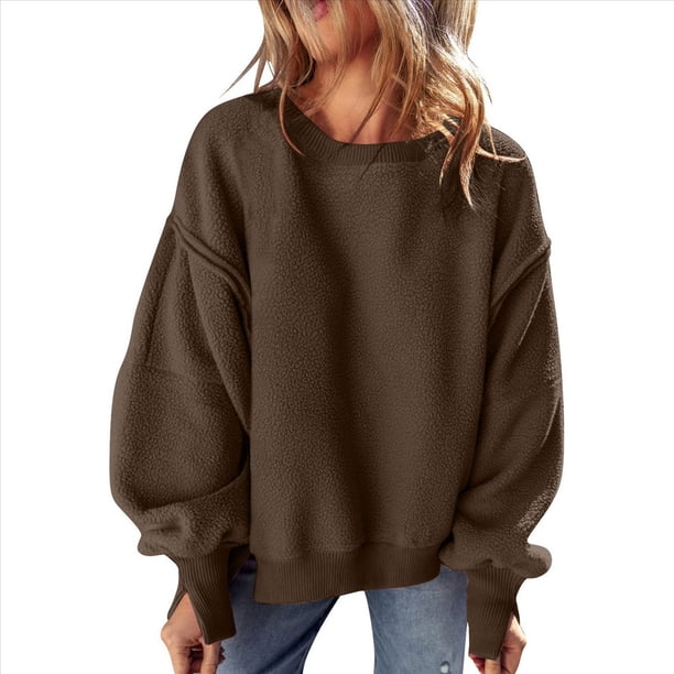 Suéter de Cuello Redondo para Mujer, Holgado, de Lana de Cordero, Informal, Versátil, de Larga, para Otoño e Invierno. Café XXL