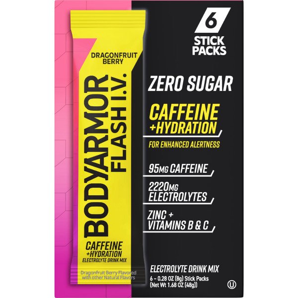 BODYARMOR Caffeine Flash IV Dragonfruit Berry flavored Electrolyte Mix, 0.28 oz Pouches, 6 Pack