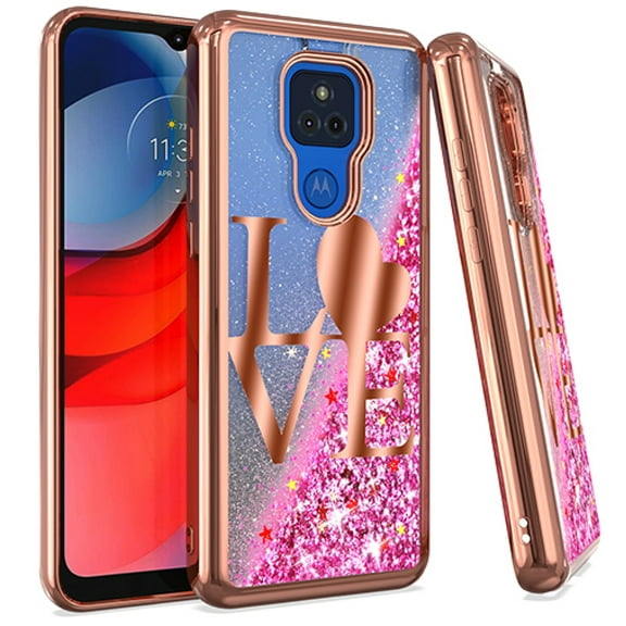 For Motorola Moto G Play XT2093DL 2021 Liquid Glitter Cover Cell Phone Case   Tempered Glass - Love