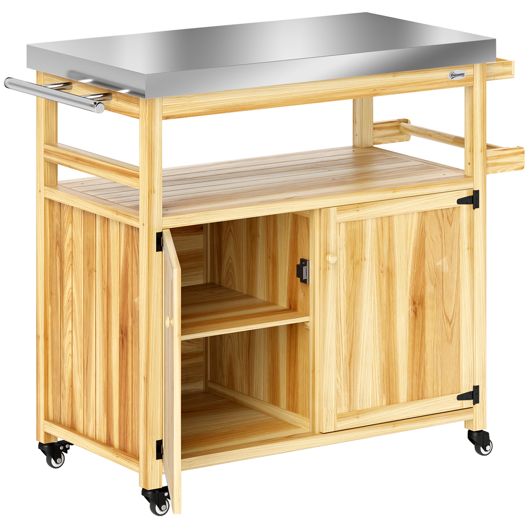 Homiyad Outdoor Grill Cart w/ Stainless Steel Top, Solid Wood Outdoor Kitchen Island w/ Wheels, Storage Cabinets, Natural Wood