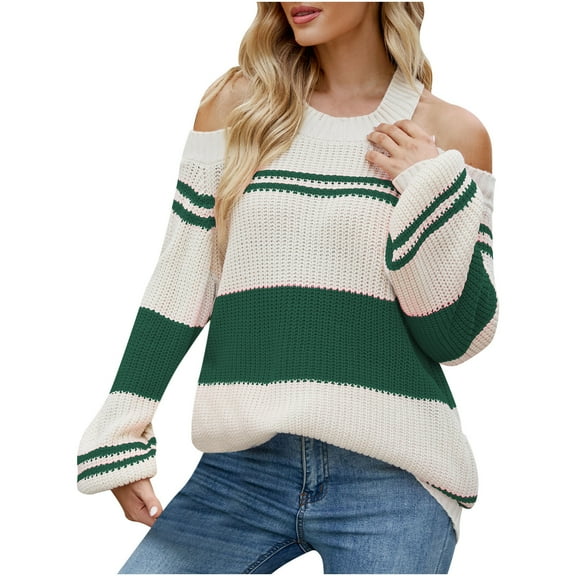 Fesfesfes Women Sweater Long Sleeves Color Matching Round Neck Loose Pullover Stripe Tops Blouse Knitted Sweater Plus Size $10