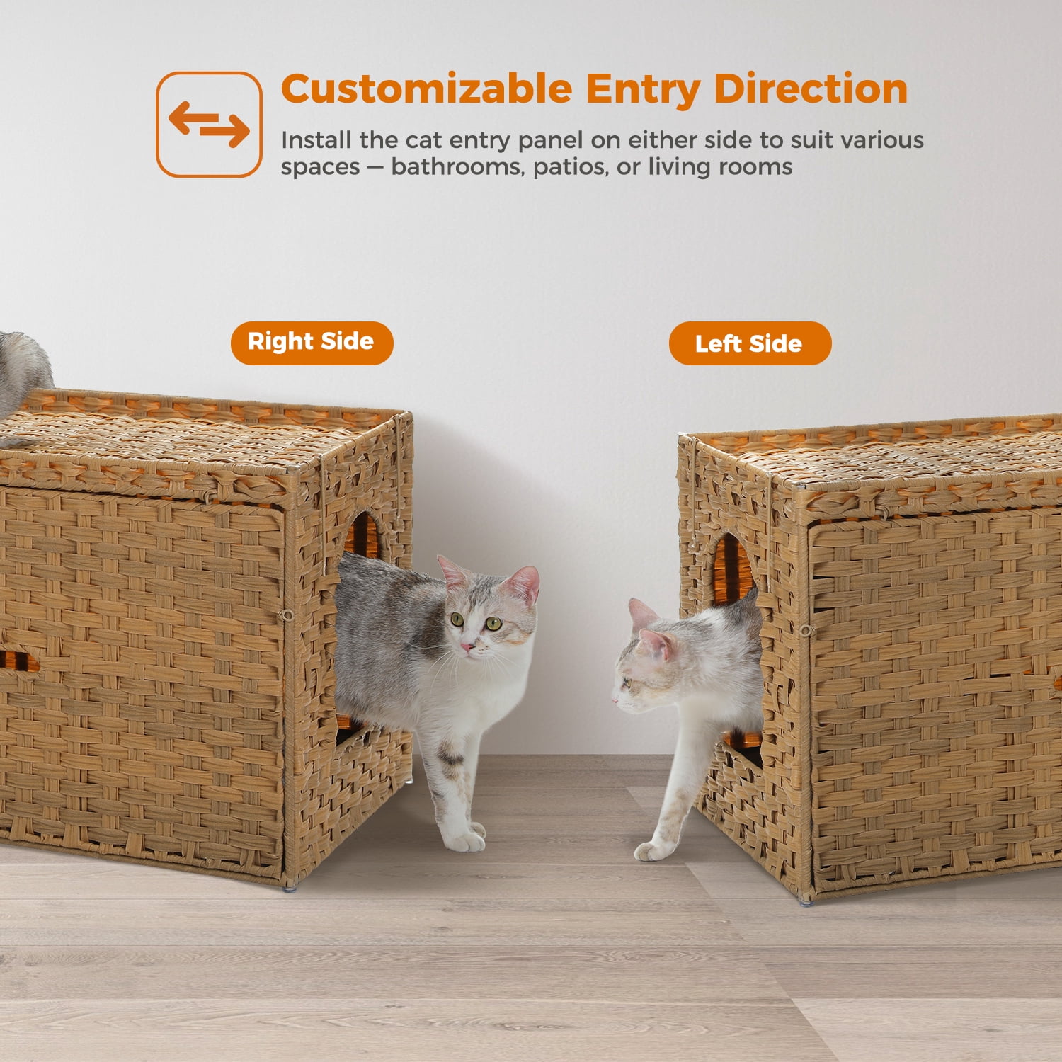 PEQULTI Rattan Cat Litter Box Enclosure Pet House with Taller Doorway for Large Cats Indoor Beige
