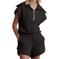 thumbnail image 1 of Women Two Piece Outfits Tracksuit Half Zip Lapel Cap Sleeve Sweatshirt High Waist Drawstring Shorts Set Sweatsuit, 1 of 6