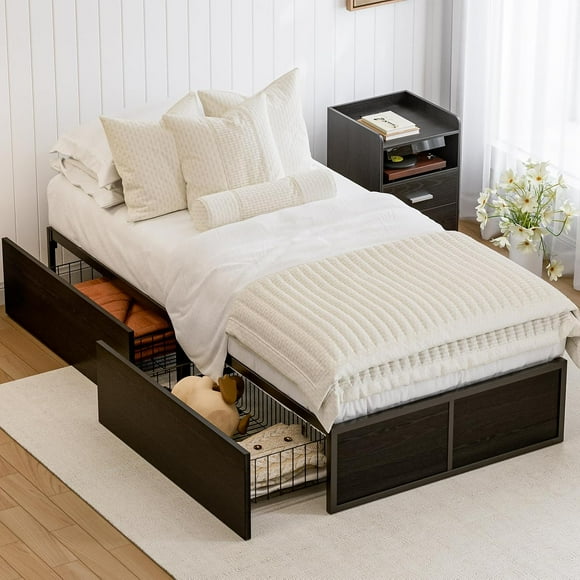 GAZHOME Twin XL Bed Frame with 2 Storage Drawers, Metal Platform Bed frame with Footboard, 9 Strong Metal Slat Support, No Box Spring Required, Black