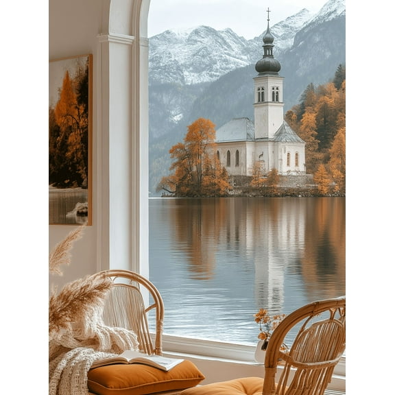 Autumn Lake Church Canvas Prints/Wall Art, Suitable for Living Room, Waiting Room and Study Decor.
