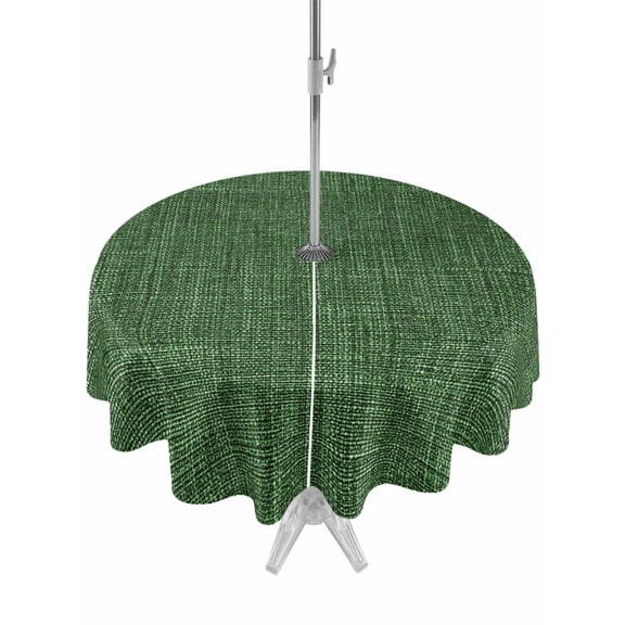 Outdoor Tablecloth with Umbrella Hole Zipper Dark Green Burlap Texture Round Tablecloth 60" Waterproof Outside Table Cloth Farmhouse Vintage Green Patio Table Cover Tablecloths for Picnic Party
