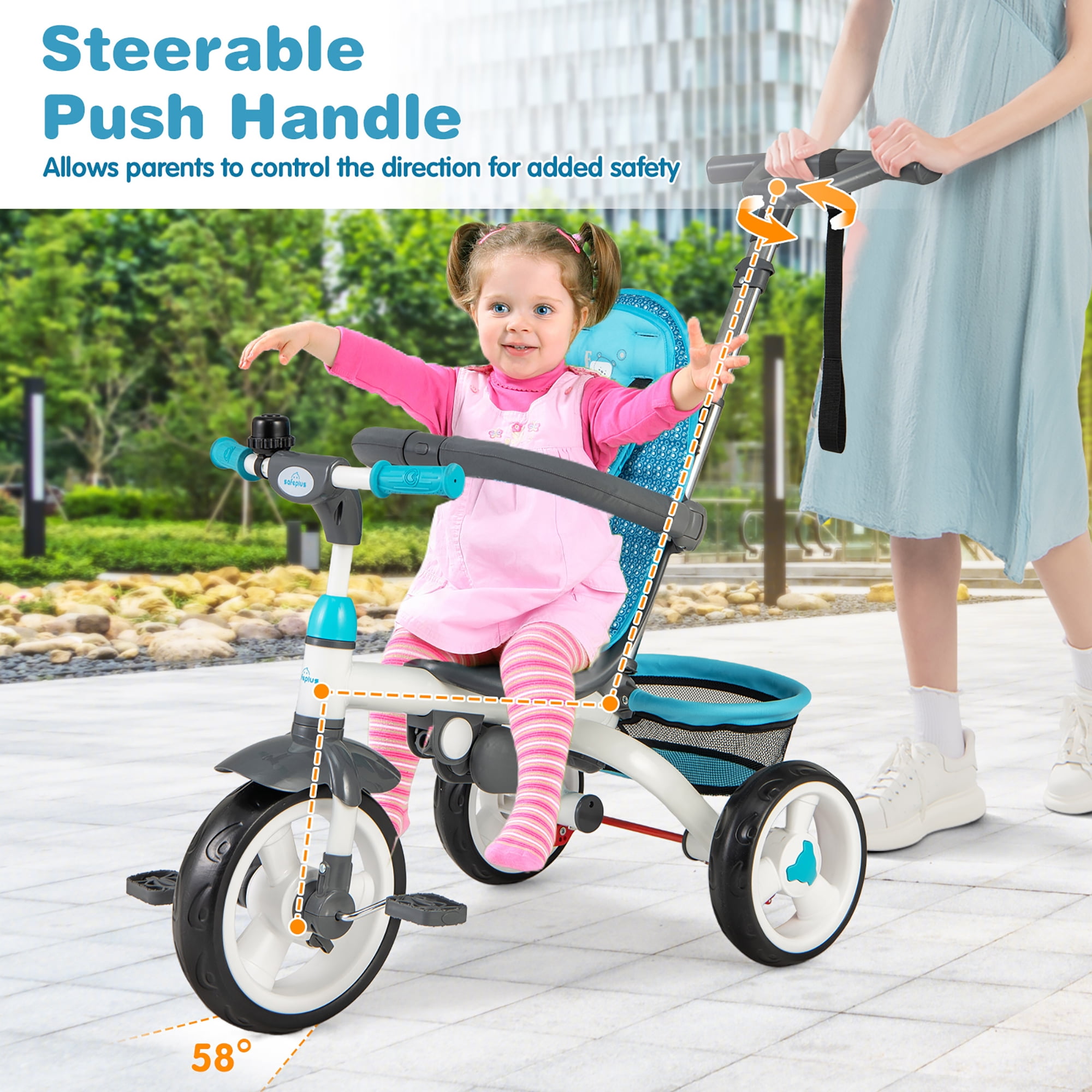 Gymax Baby Tricycle Stroller 6-in-1 Kids Push Trike w/ Removable 5-Position Canopy Blue