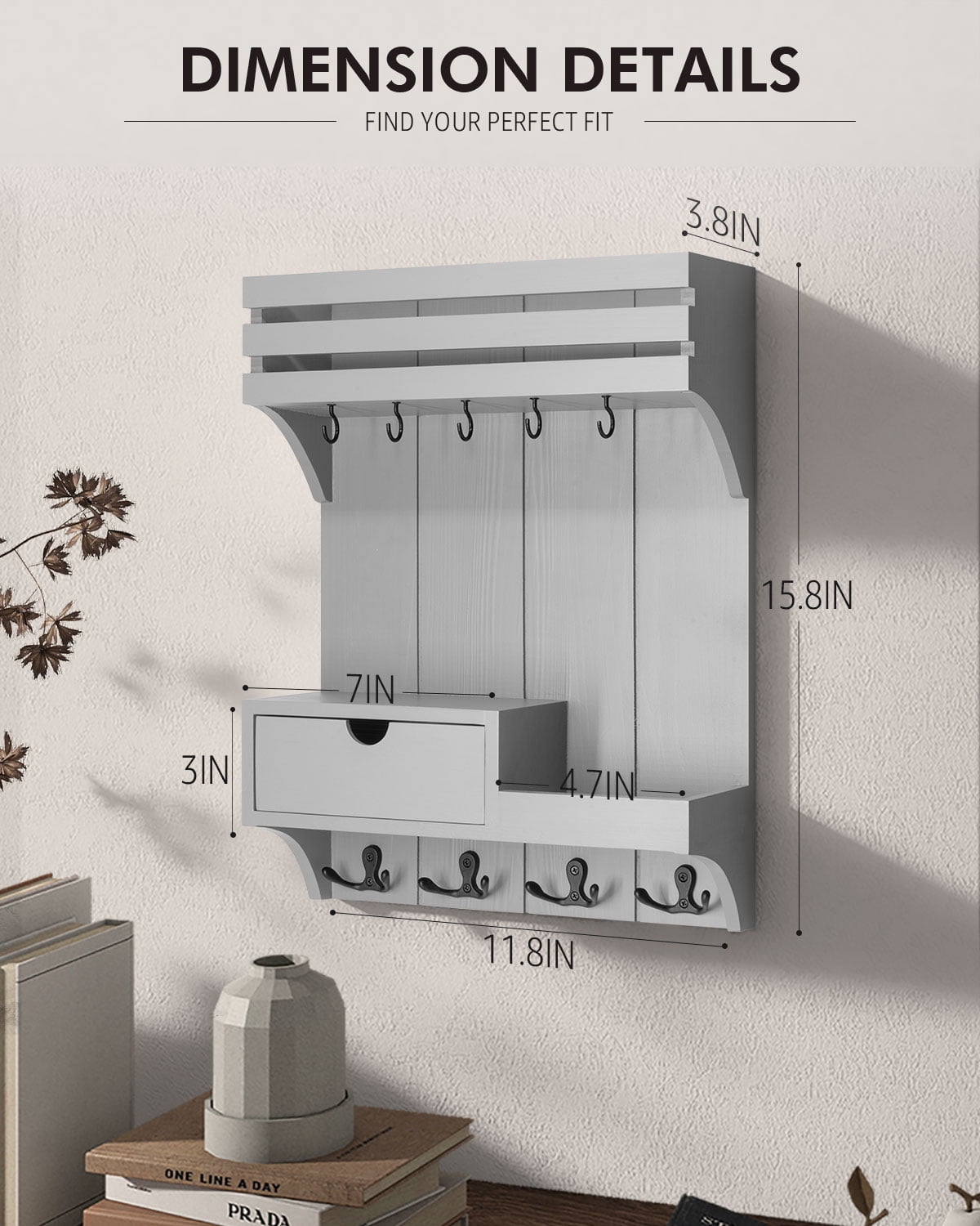 Rebee Vision Modern Key Holder Wall Mount for Home Decor - Mail Organizer with 9 Key Hooks and Mini Drawer Organizer (Gray, 12inch)