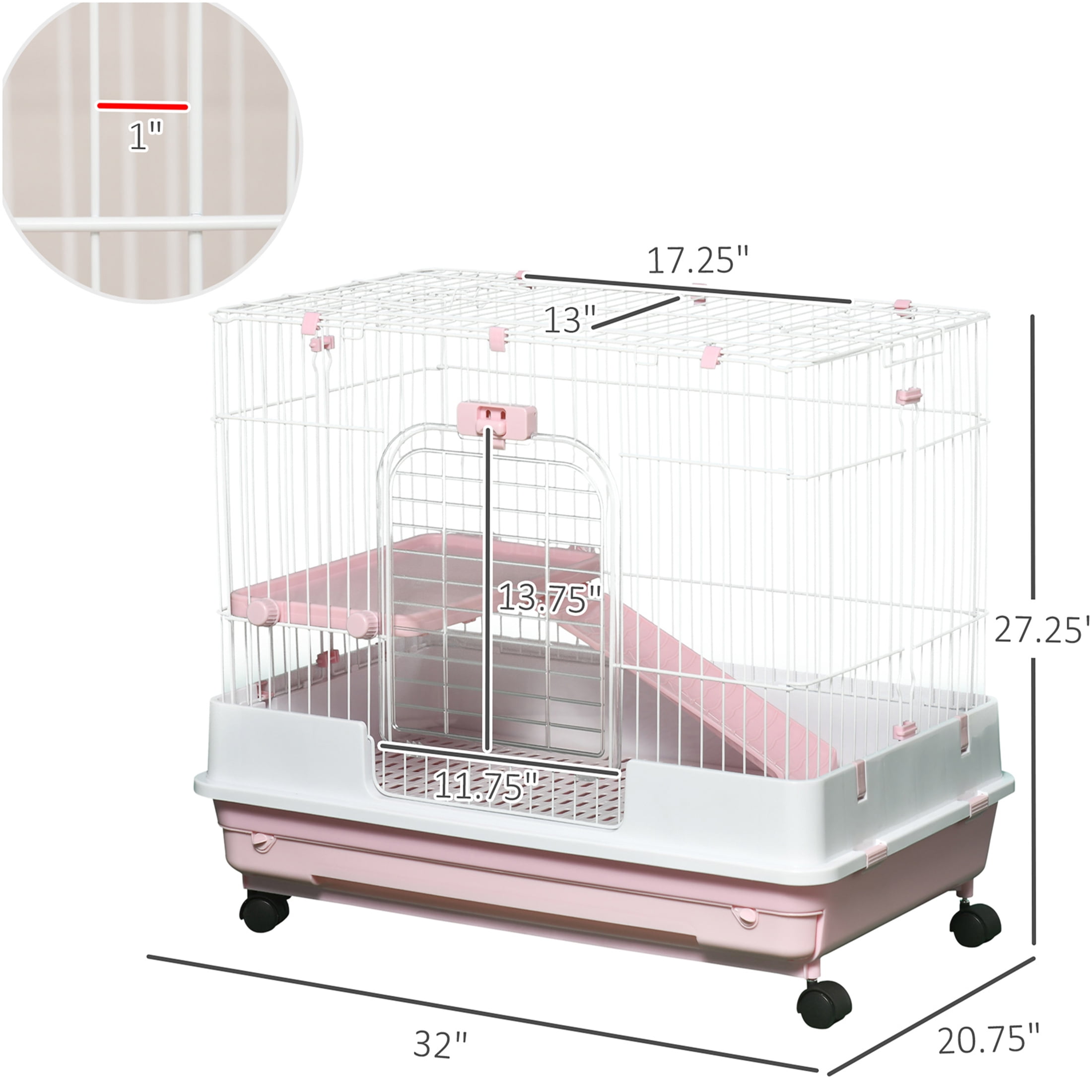 JERFIT 2-Tier Indoor Rabbit Hutch with Wheels, Removable Tray & Ramp, Small Animal Cage for Rabbits, Chinchillas, Ferrets, Guinea Pigs, Pink