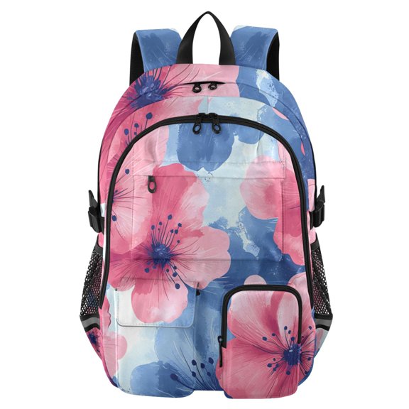 DIXRUYEE Pink Blue Watercolor Floral Pattern Backpack for School 14”Laptop Compatible with Reflective Safety Strips