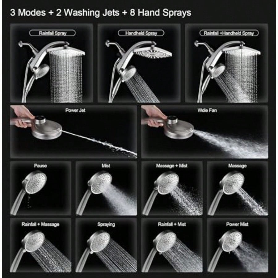 High Prure Rain Shower Head: Upgrade Shower Heads with Handheld Spray Combo with Fixed Showerhead and 10 Sprays Handheld Shower Head Detachable Showerheads Built-in Magnetic Docking and Power Jets