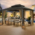thumbnail image 3 of Dextrus Double Roof Hardtop Gazebo, Heavy Duty Gazebo with Netting and Curtains, Outdoor Galvanized Steel Vertical Stripes Roof for Patio, Backyard, Deck, Lawns-10x12ft, Brown, 3 of 10
