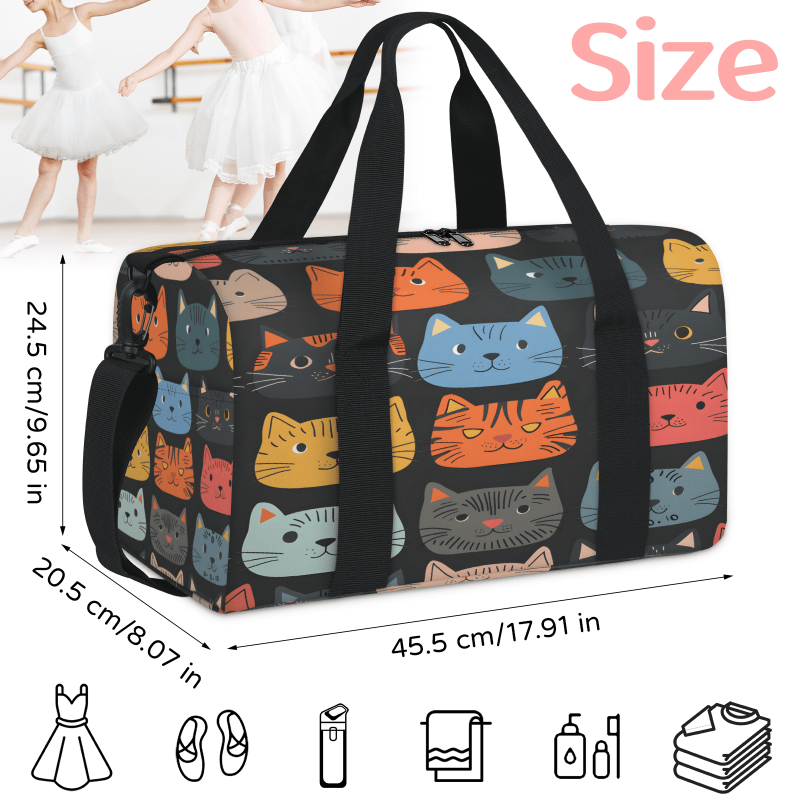 Herdesigns Cute Cartoon Cat Gym Bag for Women, Duffle Bag for Travel Sport, Lightweight Waterproof Carry on Weekender Overnight Dance Yoga Workout Bags