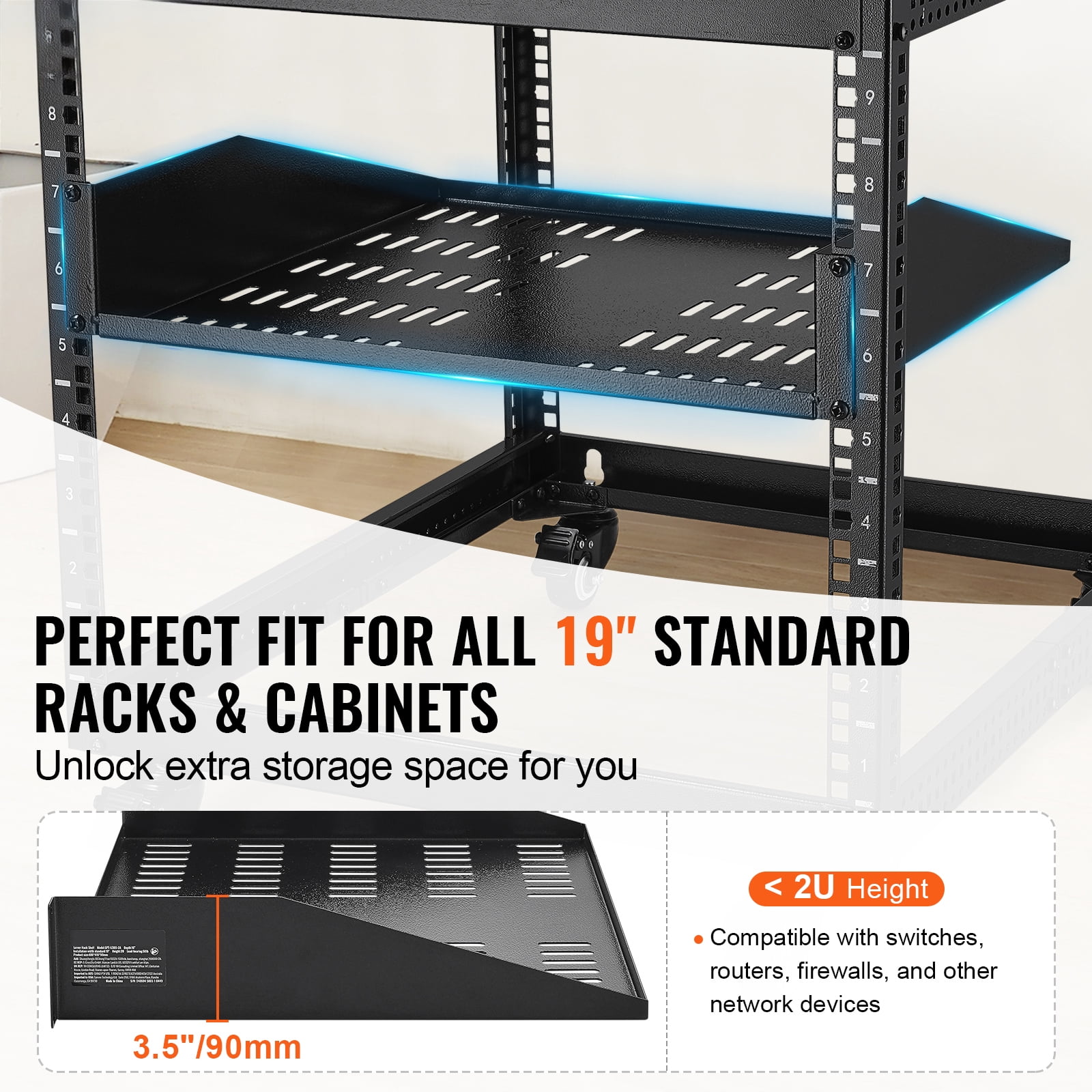 KFFKFF 2U Cantilever Server Shelf, 406mm Deep, Supports up to 22.68kg, Ventilated Design for Enhanced Cooling, Suitable for 19"/482.6mm Data Cabinets