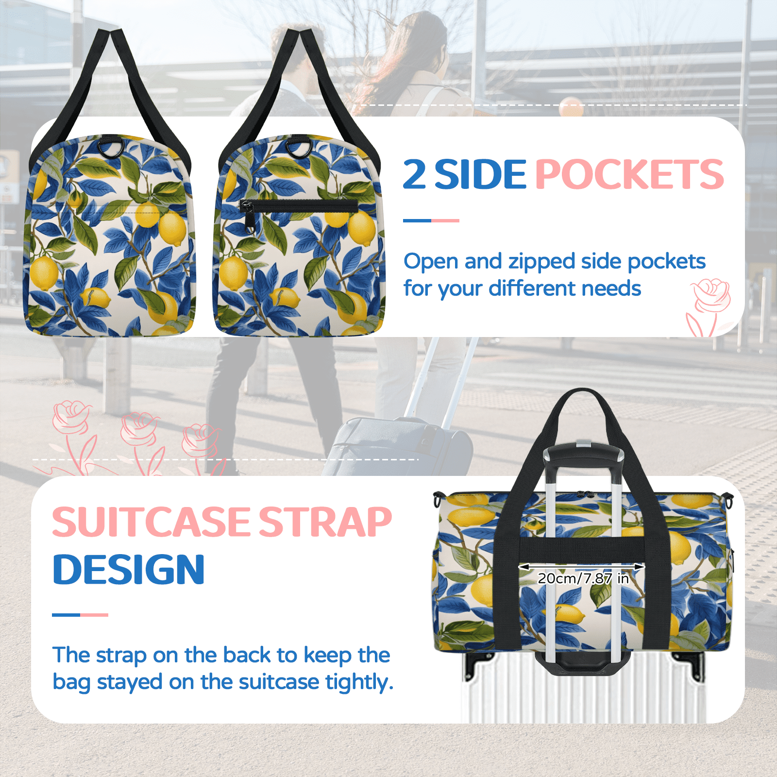Herdesigns Lemon Gym Bag for Women, Duffle Bag for Travel Sport, Lemon Theme Lightweight Waterproof Carry on Weekender Dance Yoga Workout Bags