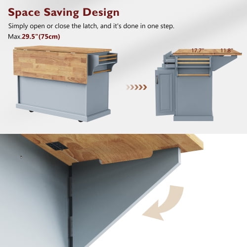 54 Inch Kitchen Island with Drop Leaf, Rolling Kitchen Cart on Wheels with Storage, 4 Doors & 3 Drawers, Farmhouse Style Mobile Island for Kitchen, Grey Blue
