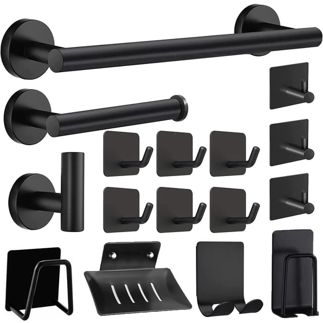 Juego de Accesorios de Baño de 16 piezas Toallero de pared Estante de baño Toallero de papel Jabonera Ganchos Adhesivos Juego de Accesorios de Baño de Acero Inoxidable