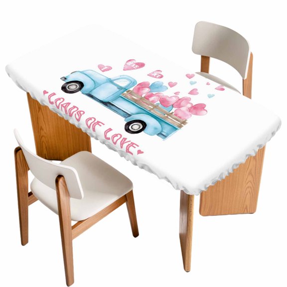 Valentine's Day Table Cloths for 4 Foot Rectangle Tables, Blue Truck Loads of Love Romantic Patio Waterproof Elastic Fitted Tablecloths, Washable Rectangular Table Cover for Camping