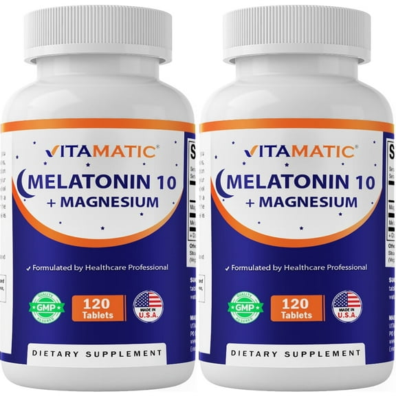 Vitamatic Melatonin 10 mg with Magnesium 200 mg 120 Tablets - High Potency Sleep Support Supplement, Non-GMO, Sugar-Free, No Artificial Colors or Preservatives-2 Pack