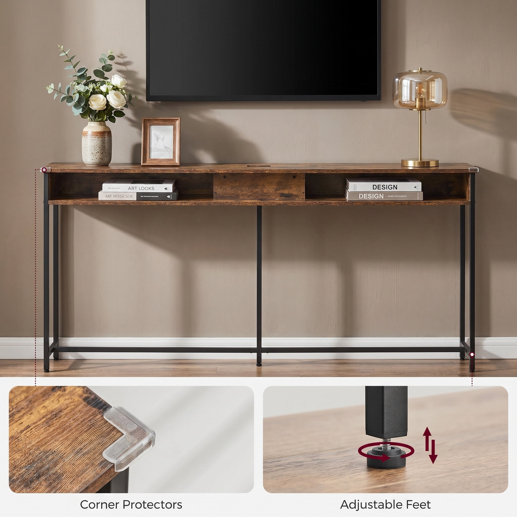 Nordic Hygge 70.9 in. Console Table with Built-In Charging Station, Brown & Ink Black