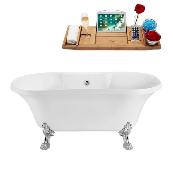 60" Streamline N100CH-CH Soaking Clawfoot Tub and Tray With External Drain