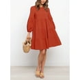 thumbnail image 4 of Cenuakty Women Mini Dress, Long Sleeve Crew Neck Pleated Solid Loose A-line Dress Fall Dress, 4 of 8