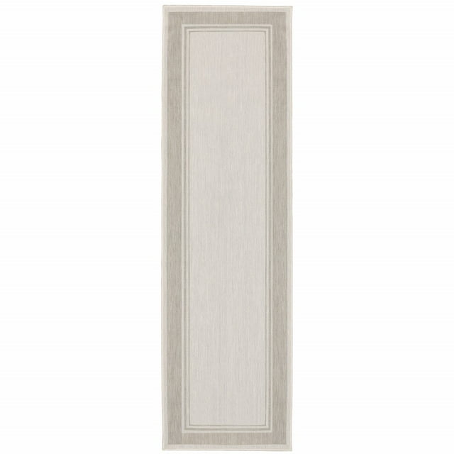 homeroots home decor 389628 2’x7’ Ivory and Gray Bordered Indoor Outdoor Runner Rug