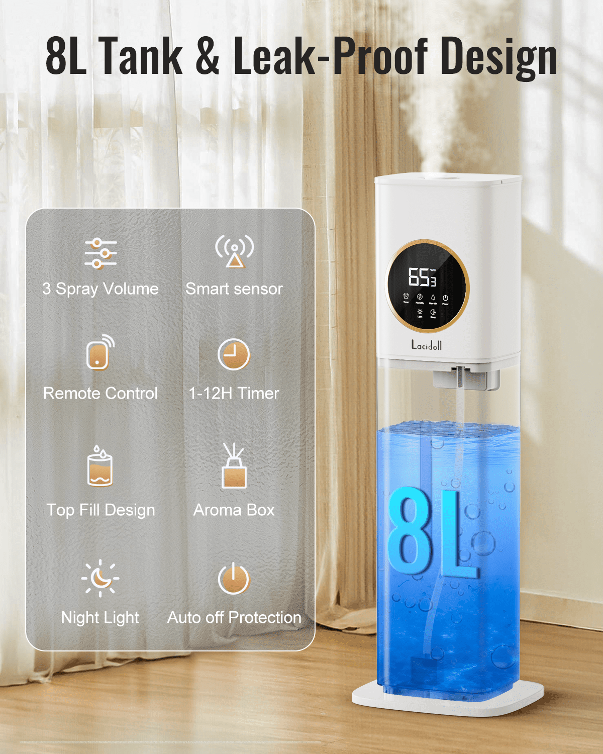 2.1Gal/8L Cool Mist Humidifier for Room Bedroom, Large Room Humidifier for Home Whole House, Quiet Ultrasonic Humidifier with Night Light, White, Lacidoll