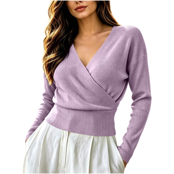 Siyizhua Sweaters for Women V Neck Wrap Cross Front Solid Knit Pullover Long Sleeve Tops Casual Fall Sweater