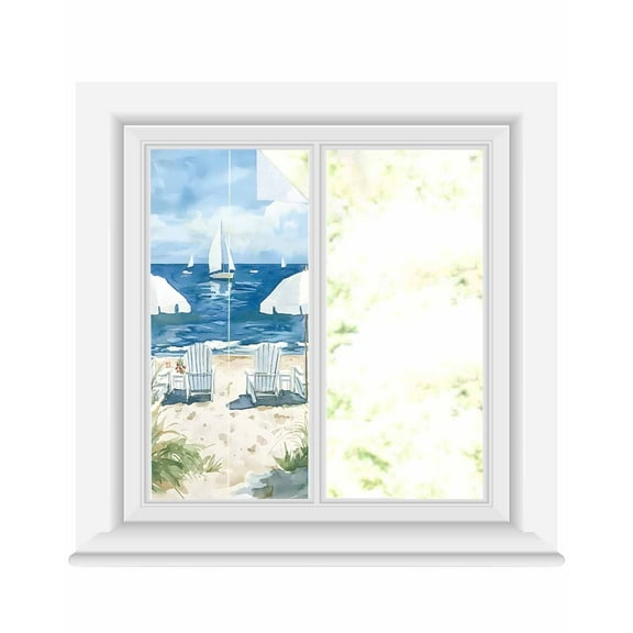 Window Privacy Film Nautical Sea Wave Blue Stained Glass Window Film Decorative Sun Block Window Cover Ocean Coastal Beach Plant Window Clings Static Adhesive Sticker for Bathroom 19.6"x39.3"