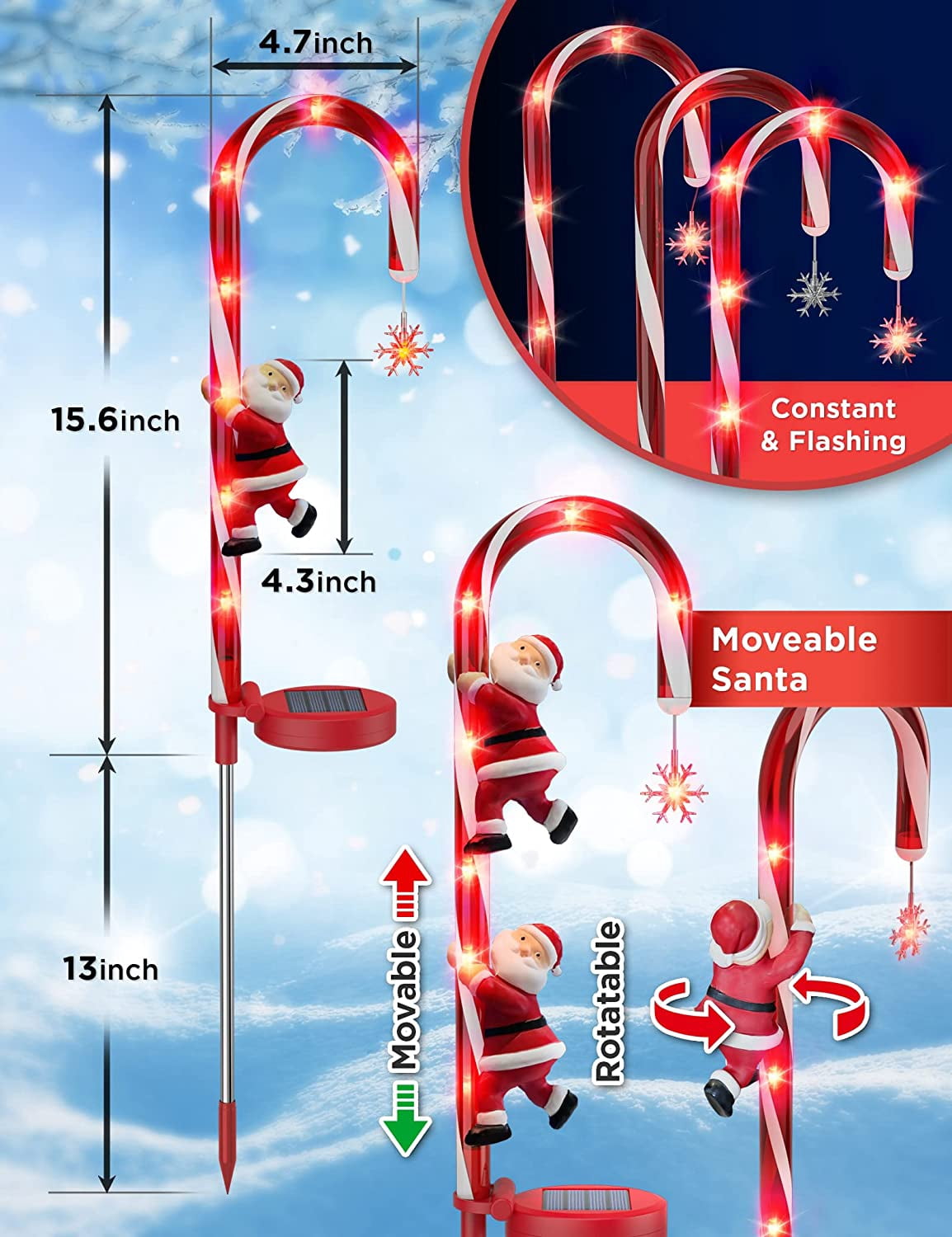 2 Packs Solar Christmas Decorations Candy Cane Lights Xmas Pathway Markers Outdoor Decor Stake Snowflow