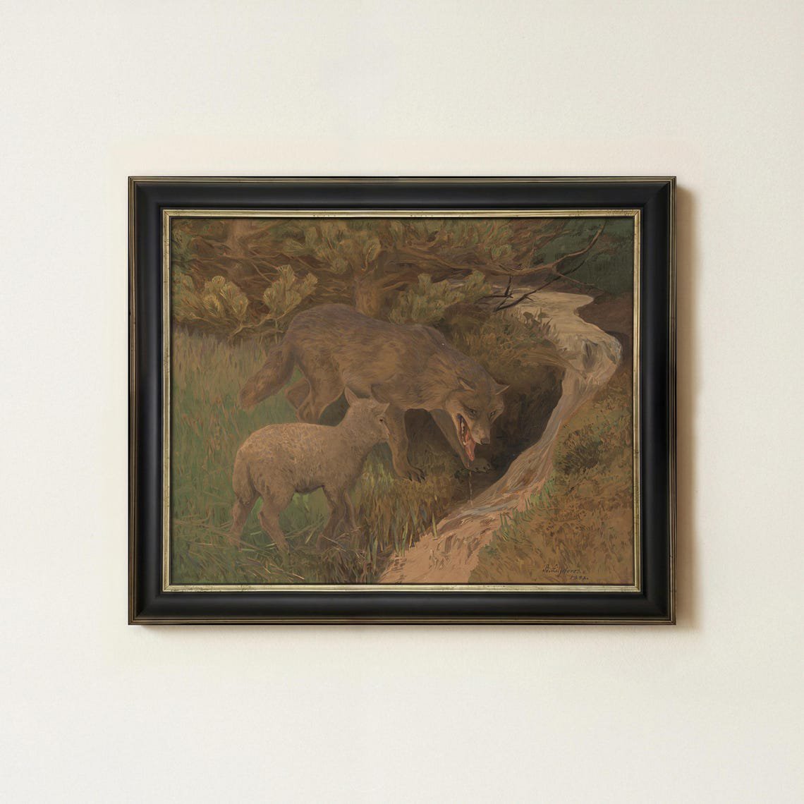 Vintage Wolf And Sheep Wall Art Print For Rustic Wildlife Decor
