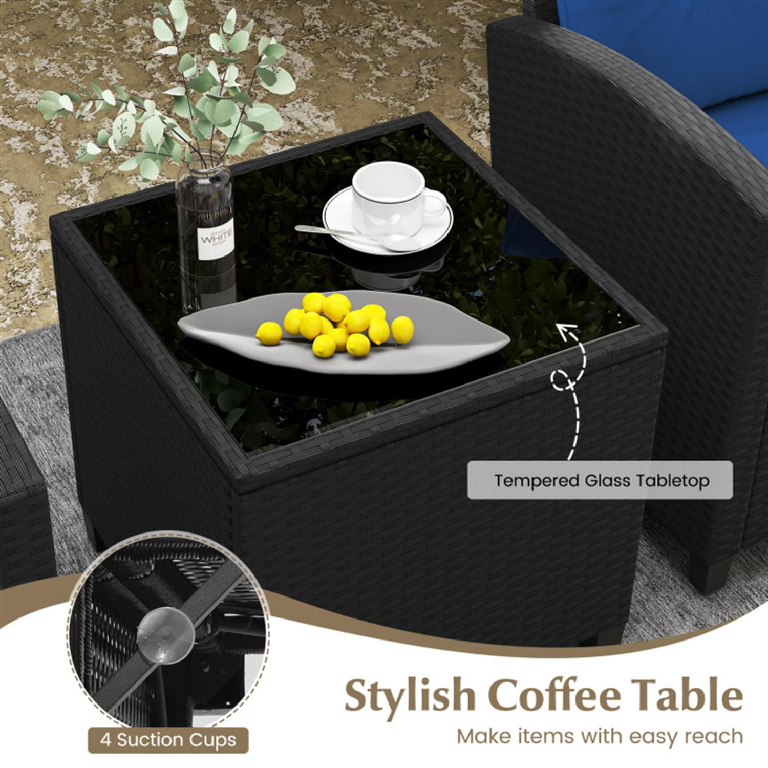 Demi Bonn 3 Pieces Rattan Patio Furniture Set with Washable Cushion, Conversation Armchairs for Garden Poolside Balcony, Navy