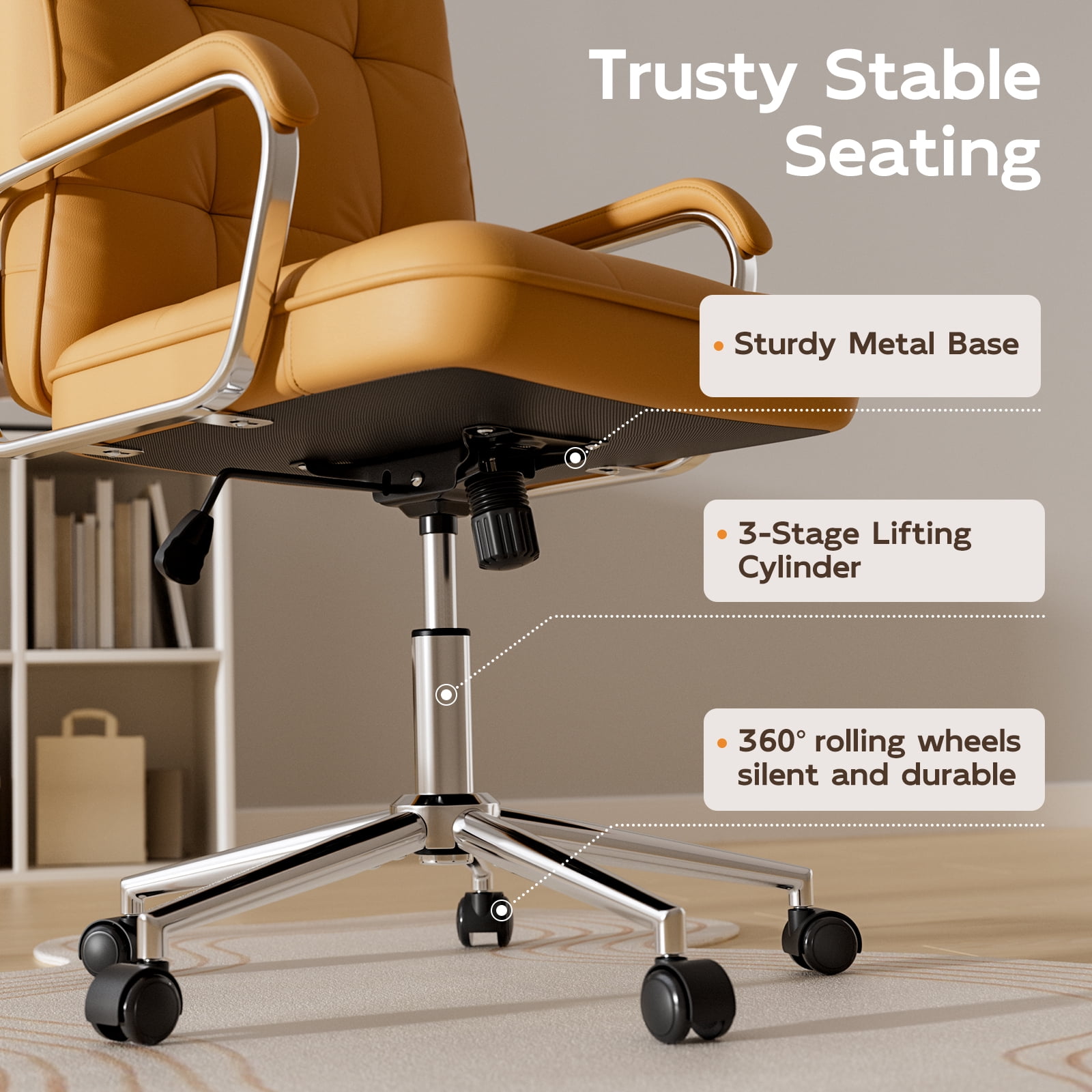 Ninecer Ergonomic Office Chair with Wheels, 360° Swivel Desk Chair with Rocking Function, PU Leather Computer Chair for Home Office, Study, Brown