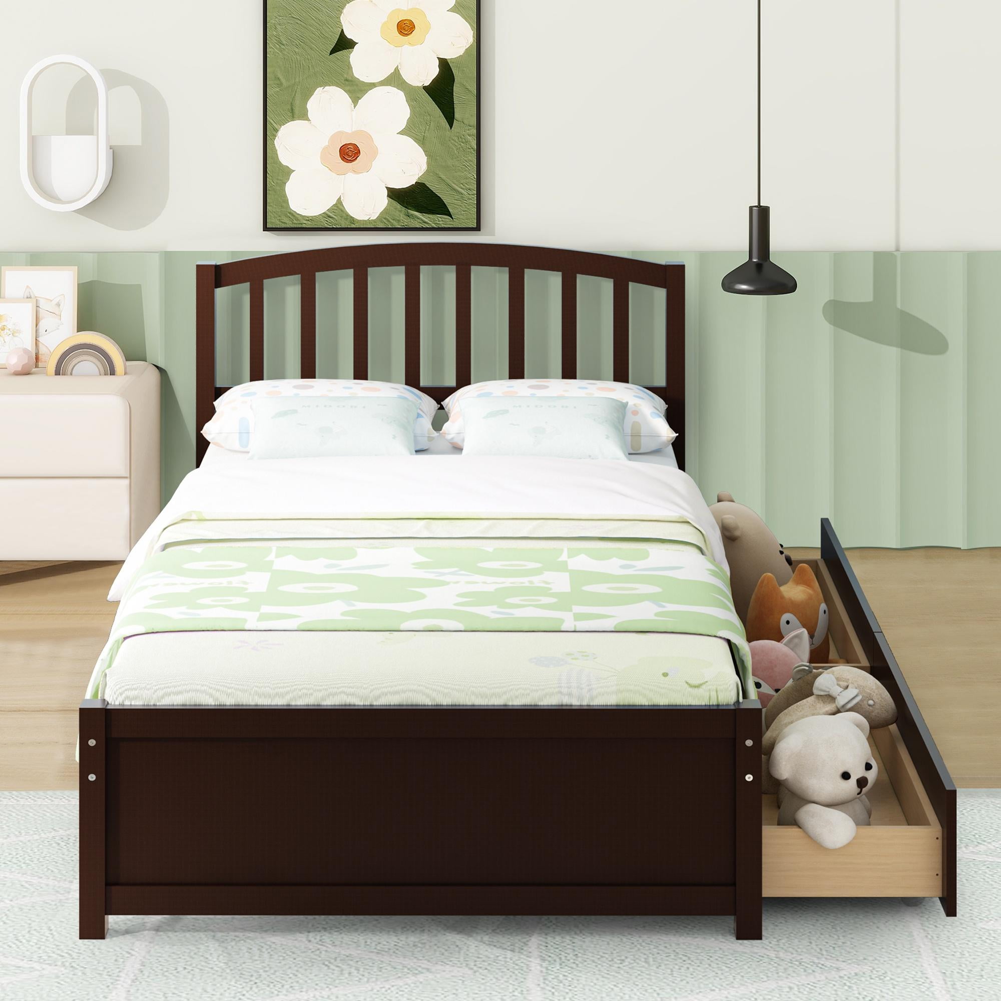 PAPROOS Wood Platform Bed with Storage, Twin Size Bed Frame with 2 Drawers, No Box Spring Needed, Espresso