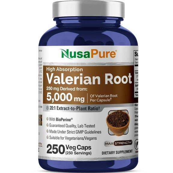 NusaPure Valerian Root 20:1 Extract, 250 mg Equivalent to 5000mg Per Veggie Caps, 250 Count, Vegan, Non-GMO, Bioperine