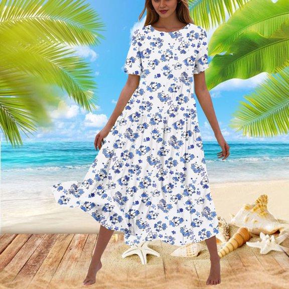 gljltg Women's Casual Flower Print Flowy Tiered Maxi Dress with Side Pockets, Polyester Spandex Lightweight Breathable Summer Winter, Beach Travel Work Party Outfit, Easy Care Washable