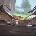 thumbnail image 1 of Gu-cci Gold and Brown Wedge Shoes, 1 of 5