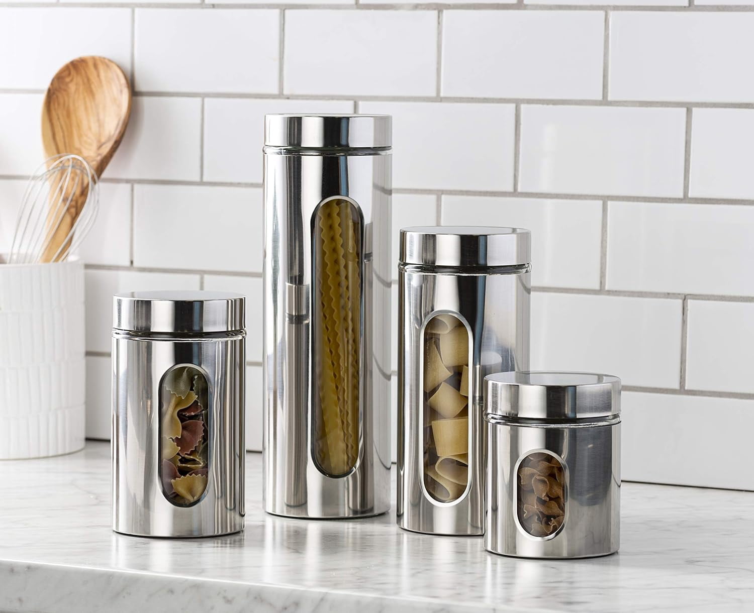 Quality 4pc Stainless Steel Canister Set for Kitchen Counter with Glass Window & Airtight Lids, Food Storage Containers, Pantry Storage & Organization Set for Coffee, Flour, Pasta