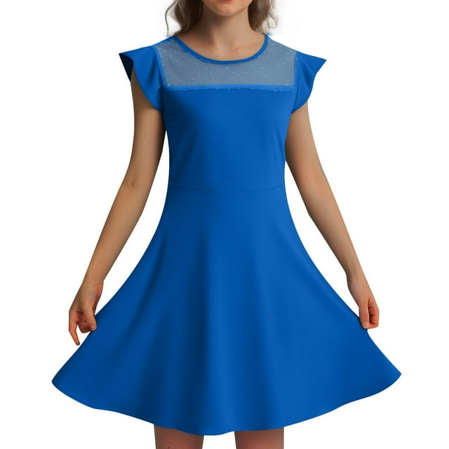 MIASHUI Girls Summer Casual Party Dress with Ruffle Sleeves and Mesh A-Line Design Featuring Convenient Pockets for Kids Blue,6-7 Years