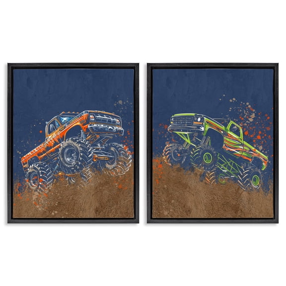 Monster Truck Jam 2 Piece Black Framed Floater Canvas Set, design by Kim Allen