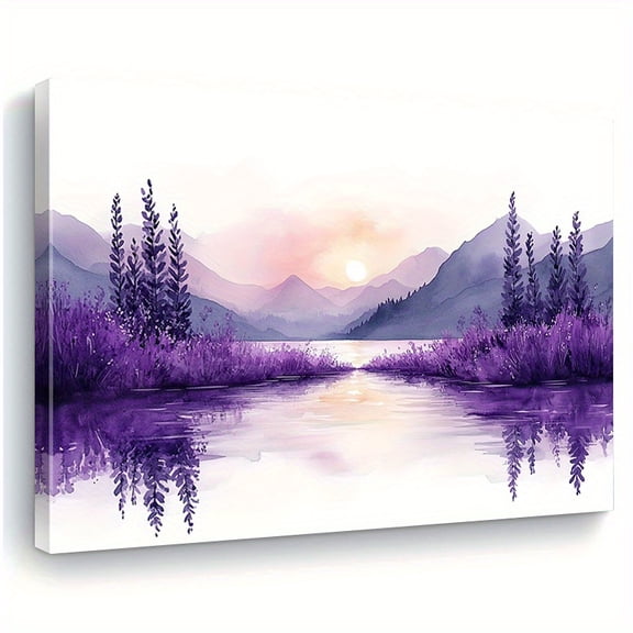 Lavender Sunset Landscape Canvas Wall Art - Wood Framed Horizontal Ink Print for Living Room, Bedroom, Office Decor - Multiple Sizes, Perfect Christmas Gift, Textured Artwork, Bedroom Artwork,