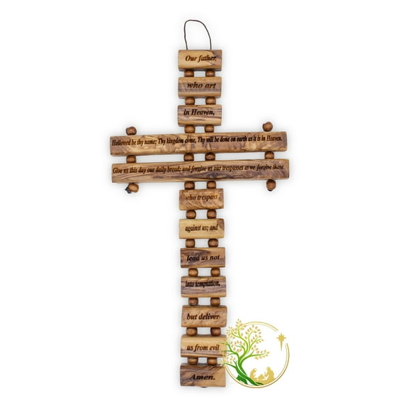 Wooden Crucifix Features Our Father Lord's Prayer Engraved In Front On All Blocks. Holy Wall Cross With Frankincense From The Holy Land