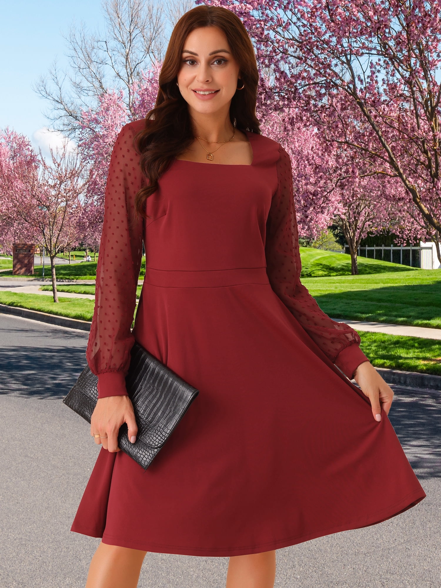 DARING DIVA Long Sleeve Square Neck Dress S Wine Red